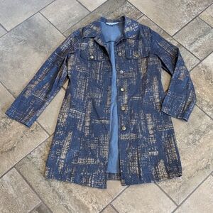 A & K Designs Dressy Denim Look Metallic Topper Chic Coat Size S Blue/Gold